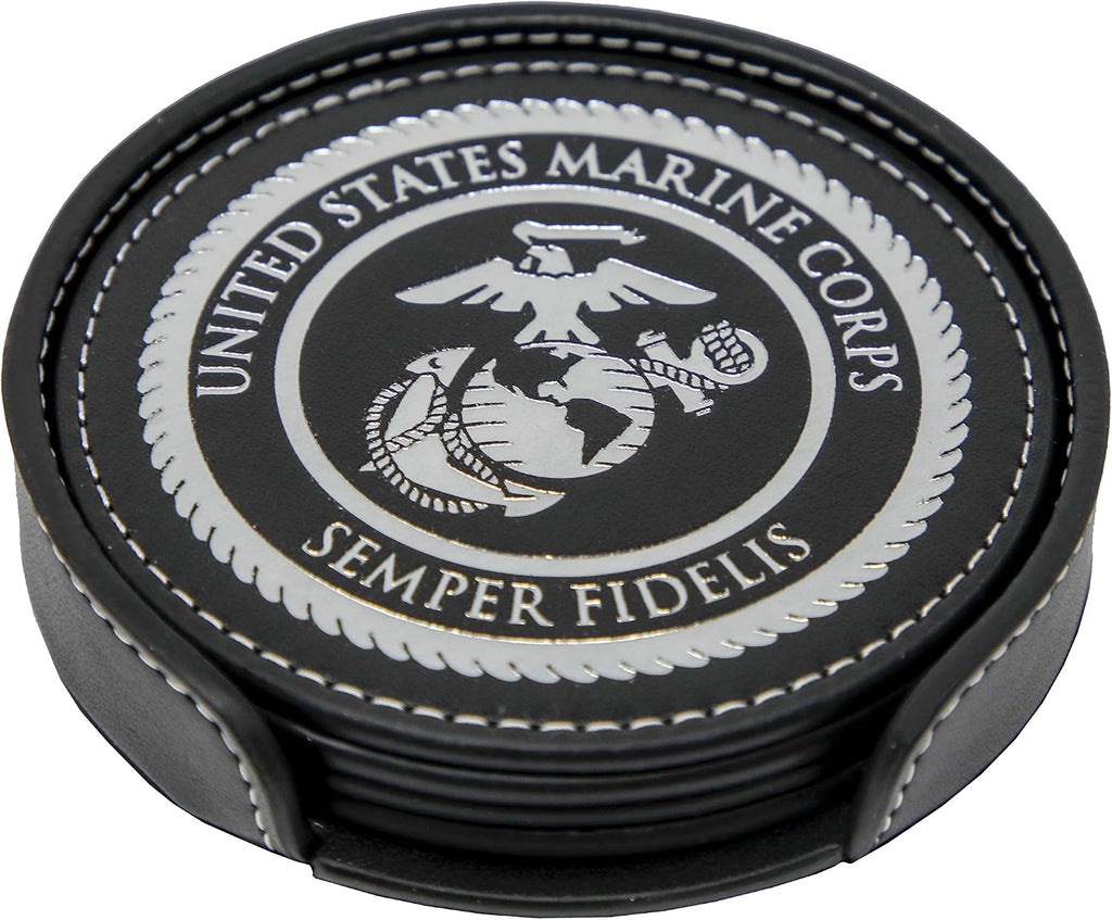 USMC Leather Coaster Set - 4 Premium Coasters with Hot Stamped Foil US Marines EGA Logo - Marine Corps Gift | USMC - Set of 4