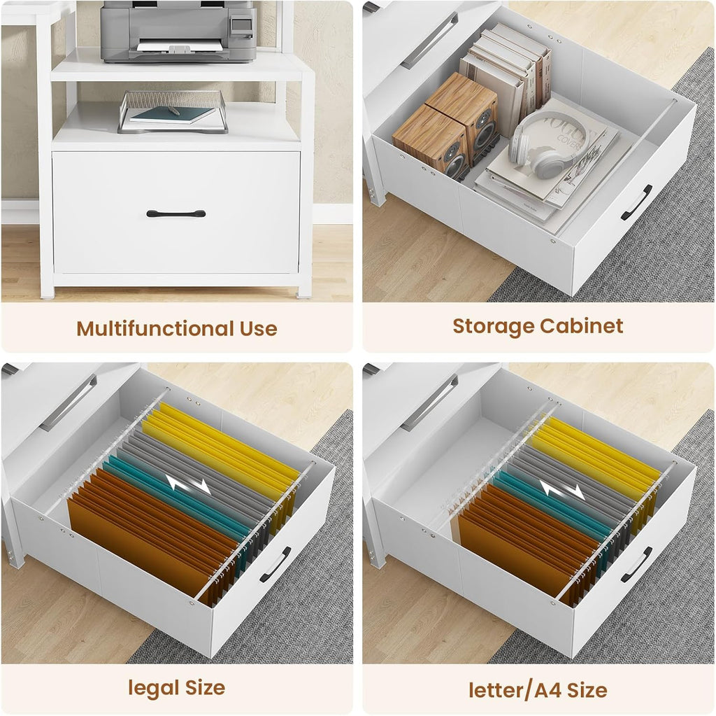 White Computer Desk with 5 Drawer & Power Outlet, 66'' Home Office Desk with File Drawer, Storage Shelves