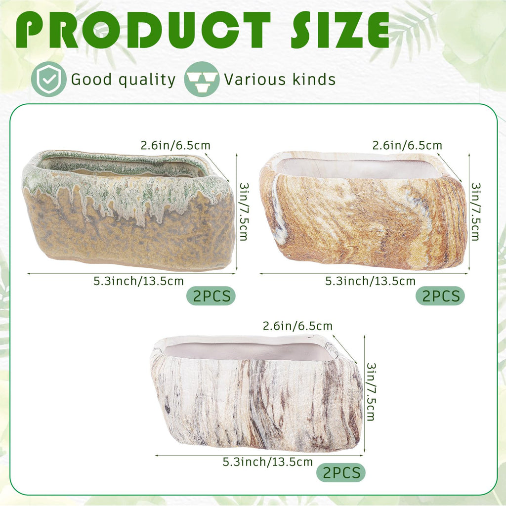 6 Pcs 5.3 Inch Ceramic Succulent Pots Stone Shape Bulk Rectangle Window Box Cactus Plant with Drainage Hole Succulent