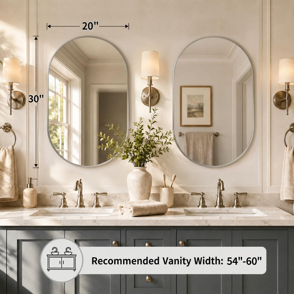 2-Pack 20x30 Inch Pill Shaped Bathroom Mirrors, Brushed Nickel