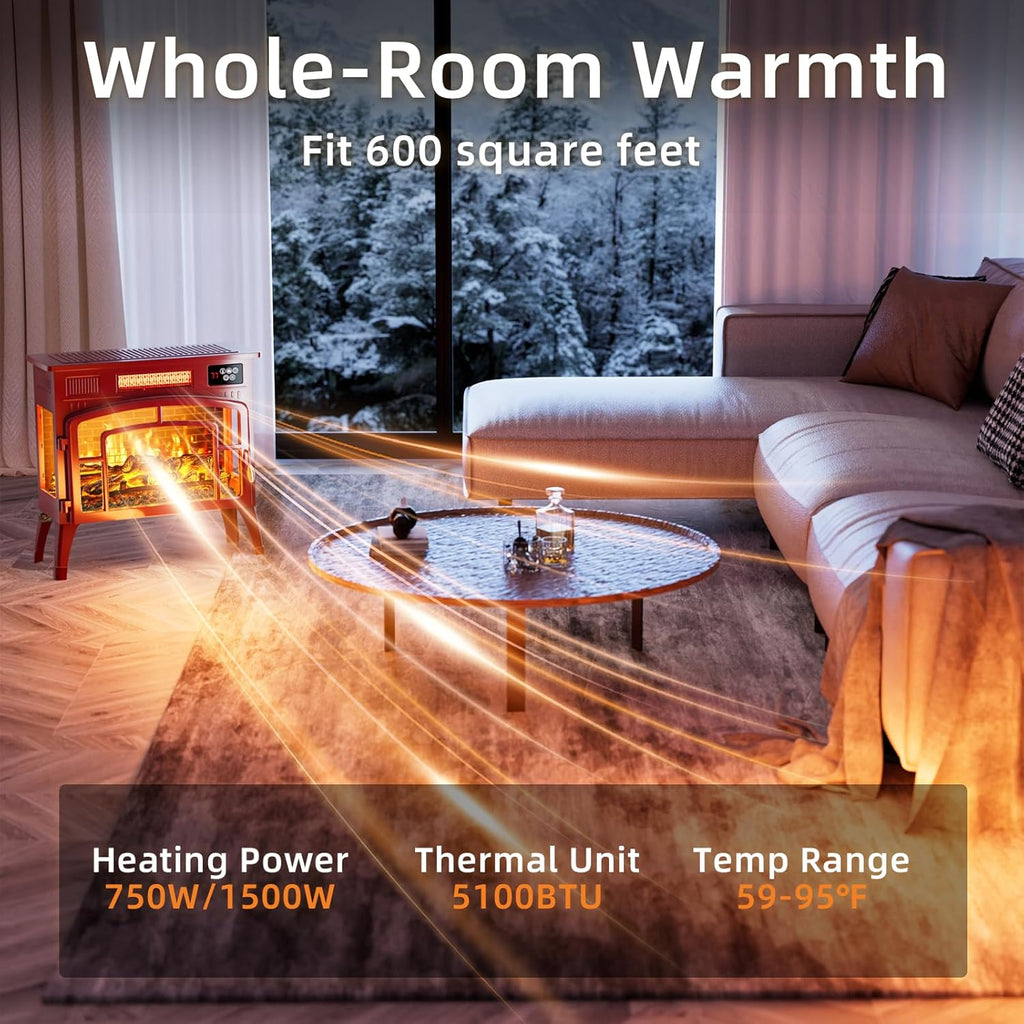 Freestanding Electric Fireplace Stove with Remote Control, 1500W Infrared Heater, 3D Flame Effect, Thermostat and Overheat Protection, Portable Indoor Fireplace