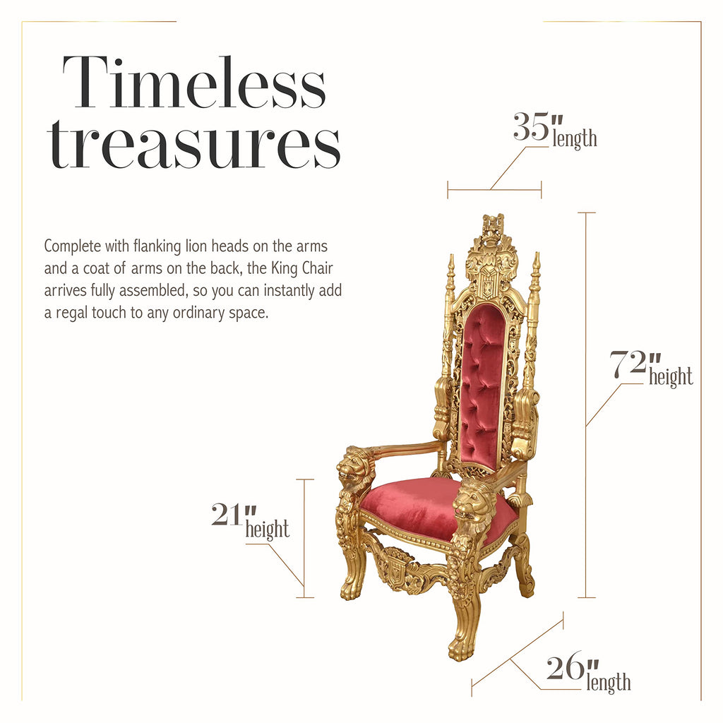 King Chair, Accent Chair, Upholstered Table Chair, Mahogany Hand-Carved Chair, Antique Gold with Dark red Fabric