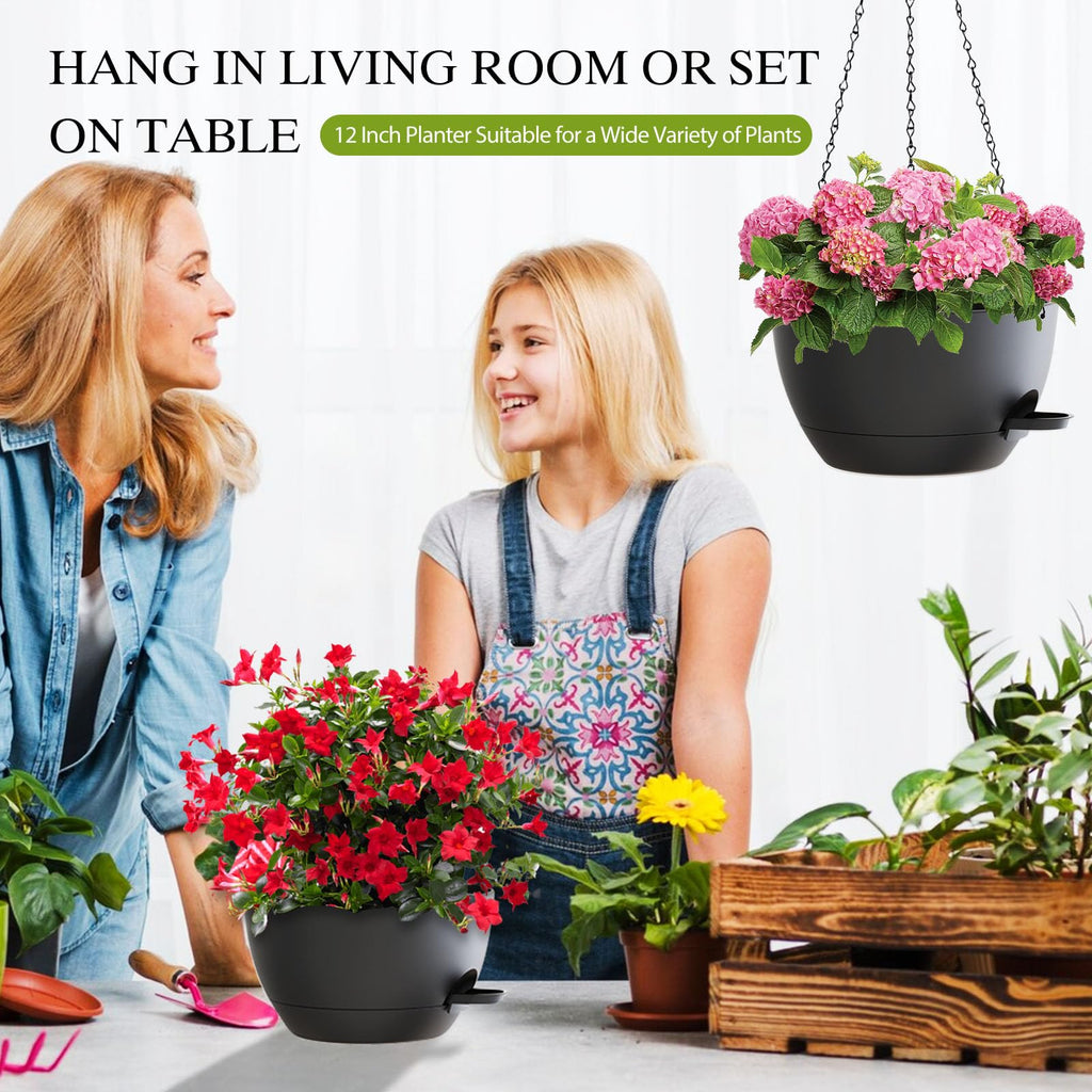 12 Inch Hanging Baskets 2 PC with Chains, Self-Watering Hanging Planters for Indoor Outdoor Plants, Plastic Hanging
