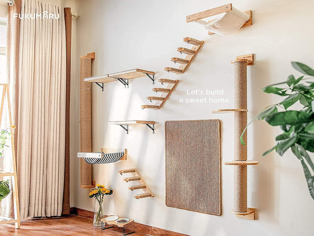 Cat Activity Tree with Scratching Posts, Wall Mounted Jute Scratcher Pine Hammock