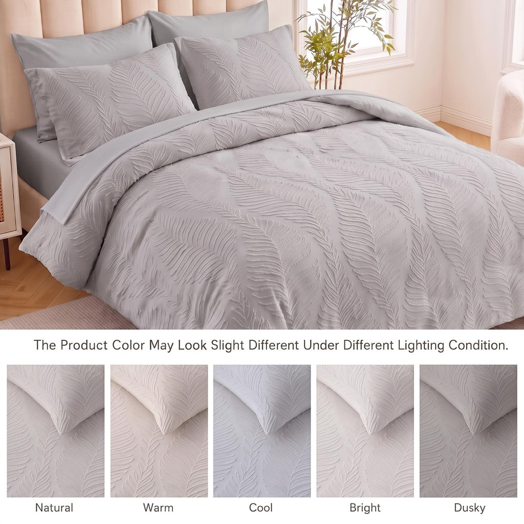 Grey Bedding Comforter Set King Size 7 Pieces Tufted Boho Comforter Set Leaves Floral Farmhouse Shabby Chic Bedding