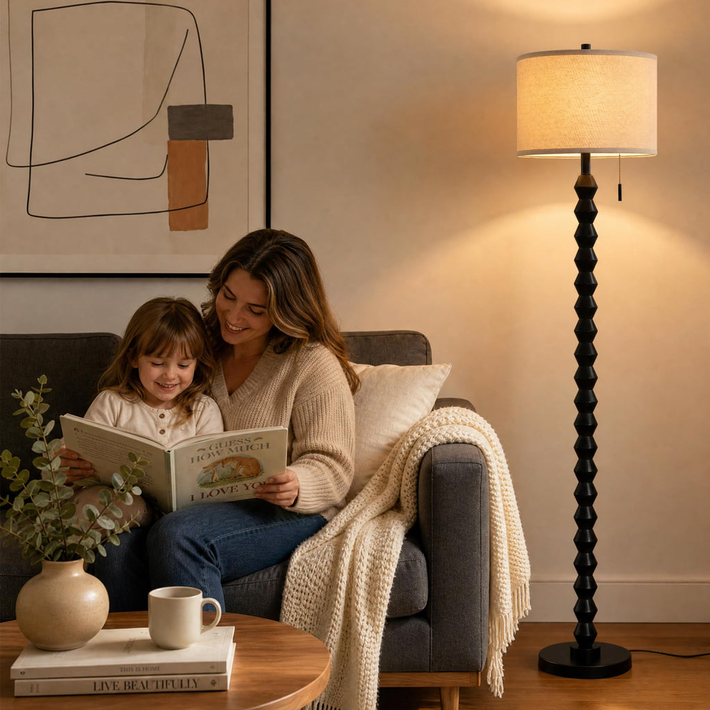 65" Black Solid Wood Modern Floor Lamp with Pull Chain Switch