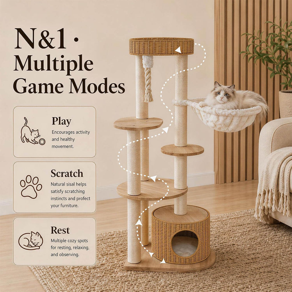 53'' Solid Wooden Cat Tree for Indoor Cats, Modern Large Cat Tower