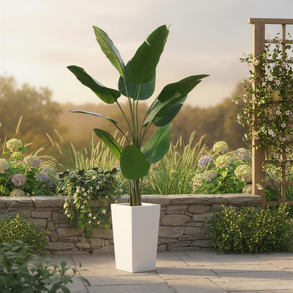 4.8FT Artificial Banana Tree, Fake Potted Tropical Tree, Decorative Evergreen Tropical Plant with White Tall Planter