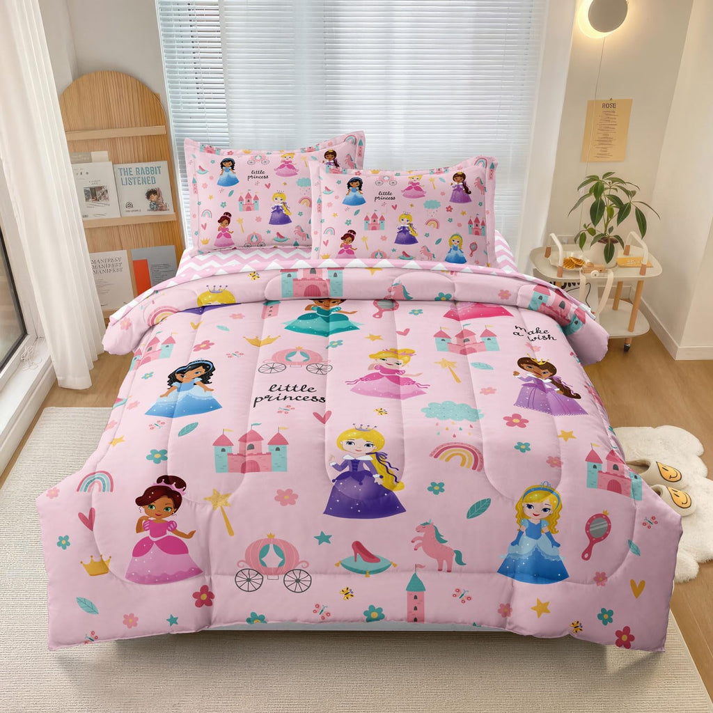 Kids Girls Princess Comforter Set Twin, Pink | Bed in a Bag, 5 Piece Set, Soft Cute Castle Bedding, 1 Comforter, 1