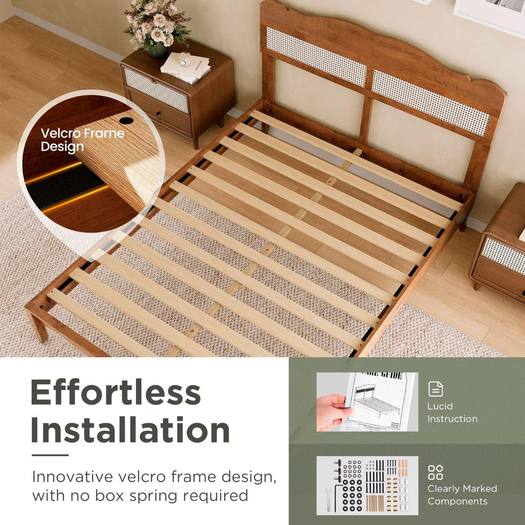 Queen Bed Frame with Headboard, Solid Wood Bedframe