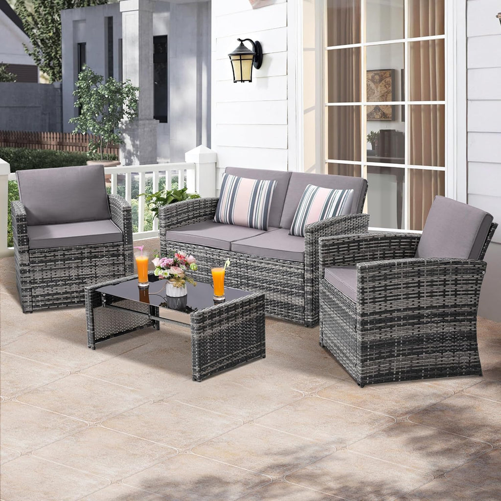 4-Piece Patio Furniture Set, Wicker Outdoor Rattan Sectional Sofa with Cushions and Glass Table