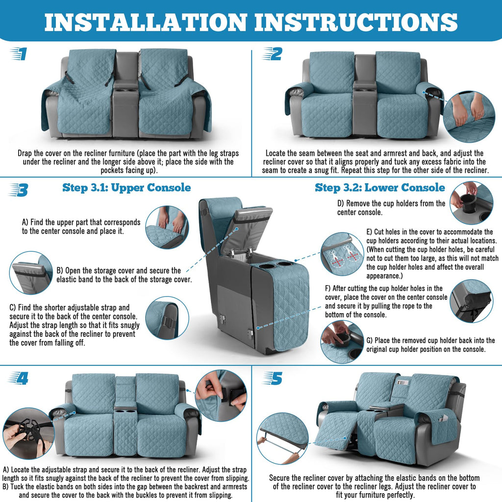100% Waterproof Loveseat Recliner Covers with Console, Sky Blue