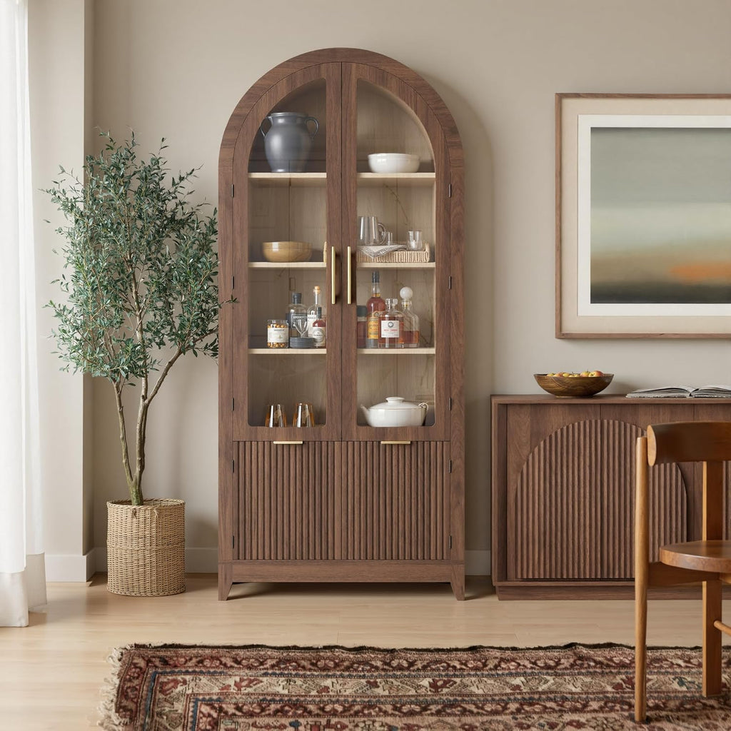 69" Tall Arched Cabinet with Glass Doors, 5-Tier Shlelves, Walnut | Mid Century Modern Fluted Bookcase, Pantry