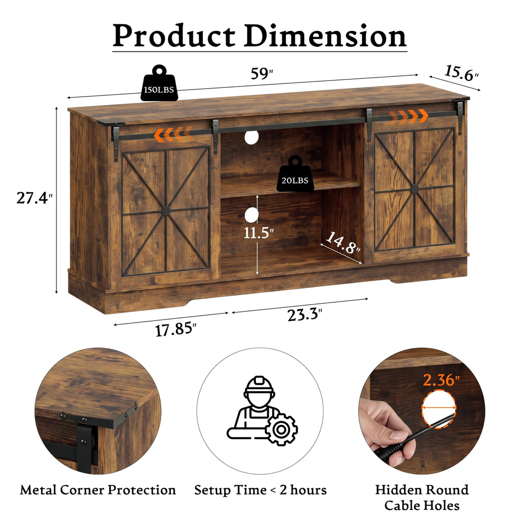 Farmhouse TV Stand for 65 Inch TV with Sliding Barn Doors, Brown