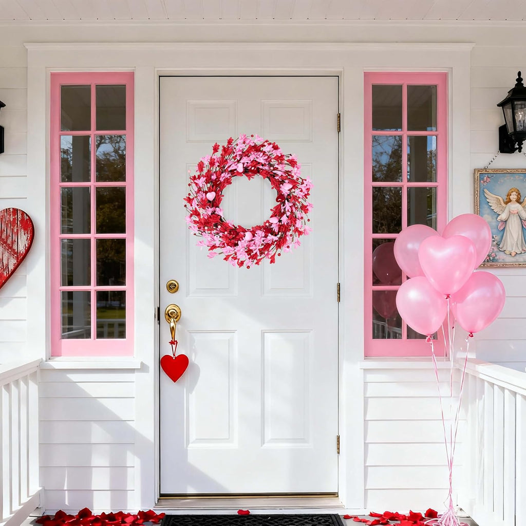 Valentine's Day Wreath 22 Inch Valentines Day Wreaths for Front Door Pink Floral Wreath with Red Love Heart Berries