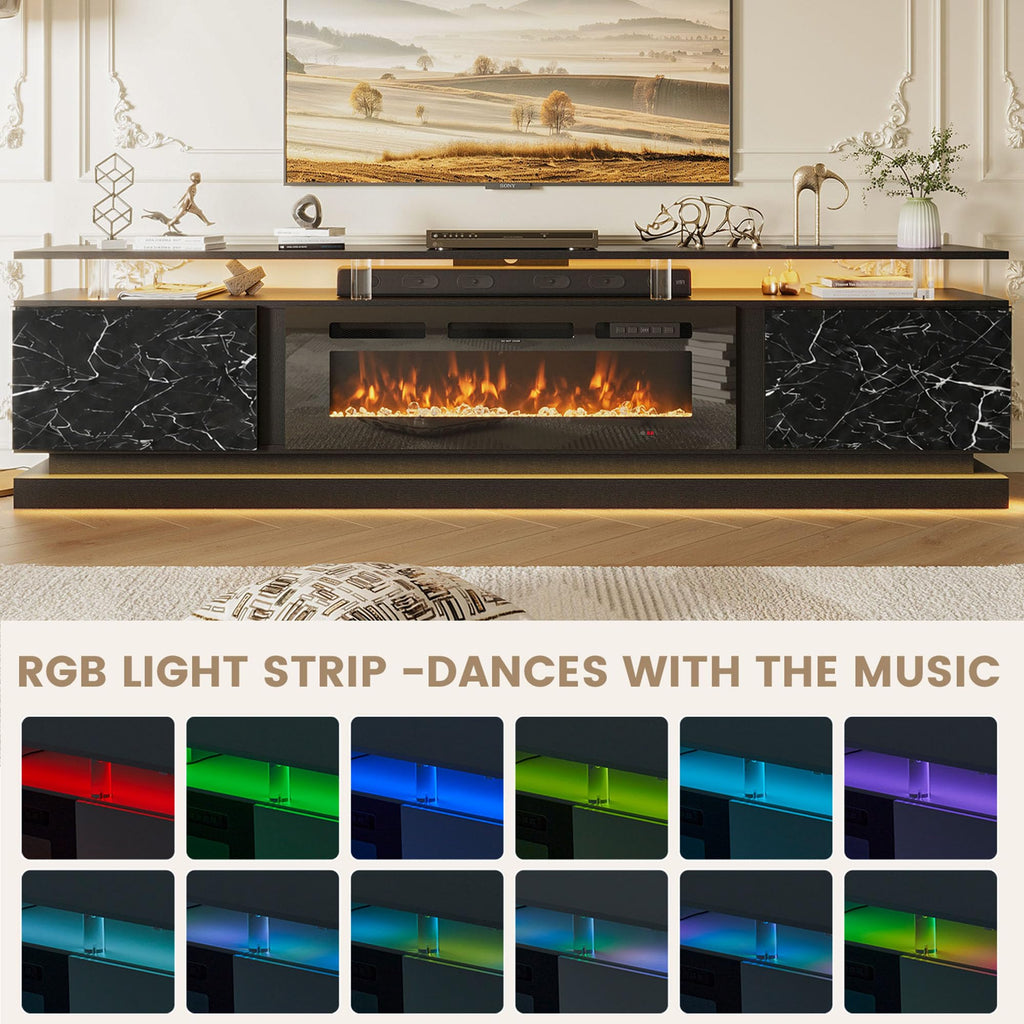 80" Modern Fireplace TV Stand Entertainment Center, Marble Black