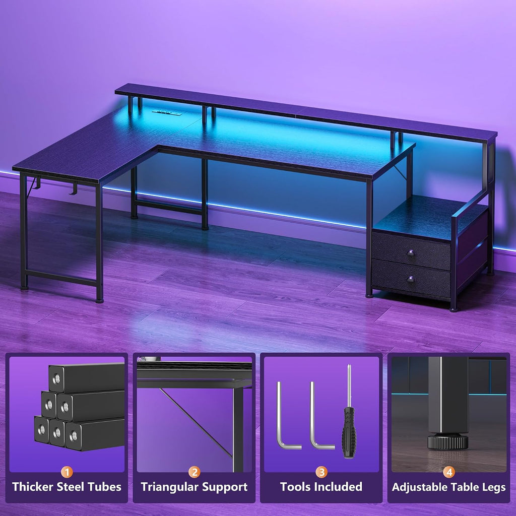 66'' L Shaped Gaming Desk with Storage Drawers, Power Outlets, LED | Large Reversible Computer Desk for Multiple