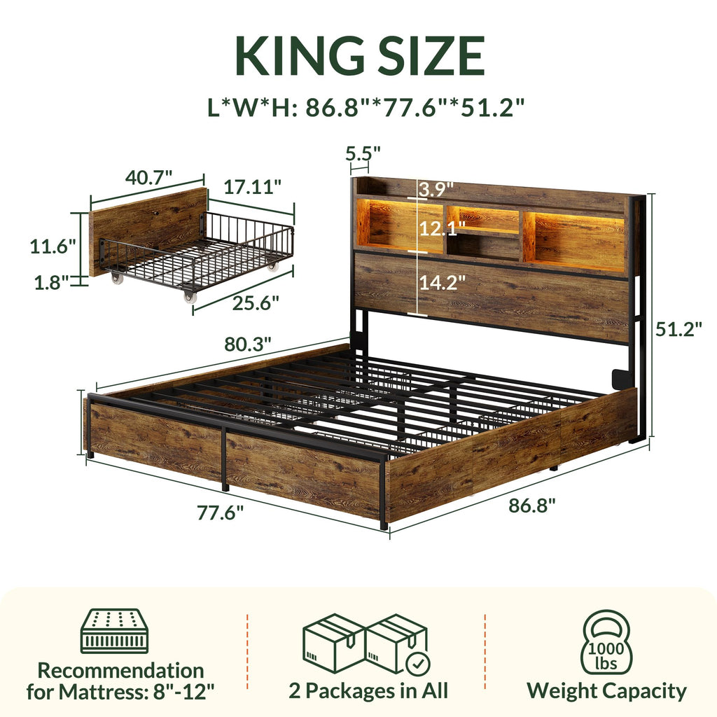 King Size Bed Frame with 6 Storage Drawers and Headboard Wooden Platform Bed Frame with LED Lights and Charging