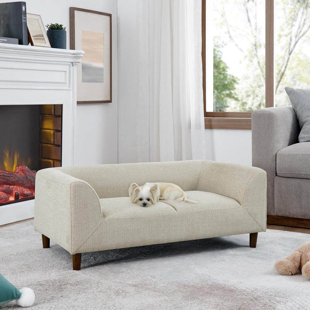 Dog Couch Bed, Comfy Linen Fabric Pet Sofa with Backrest and Armrests, Elevated Dog Couches with Wooden Legs