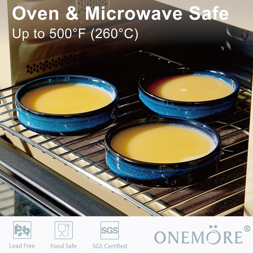 4 oz Oven Safe, Ceramic for Creme Brulee, Custard, Pudding, Souffle, Blue Shallow Ramekin Dishes, Small Porcelain