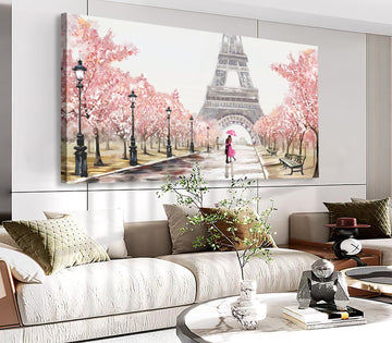 Blossom Trees Wall Living Room Decor Eiffel Tower Paris Street Canvas Pictures Bedroom Wall Decor Modern Landscape