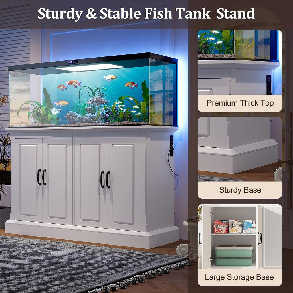 55-75 Gallon Fish Tank Stand with Power Outlet, Aquarium Stand with 4 Cabinets, Heavy Duty Reptile Tank Stand, White
