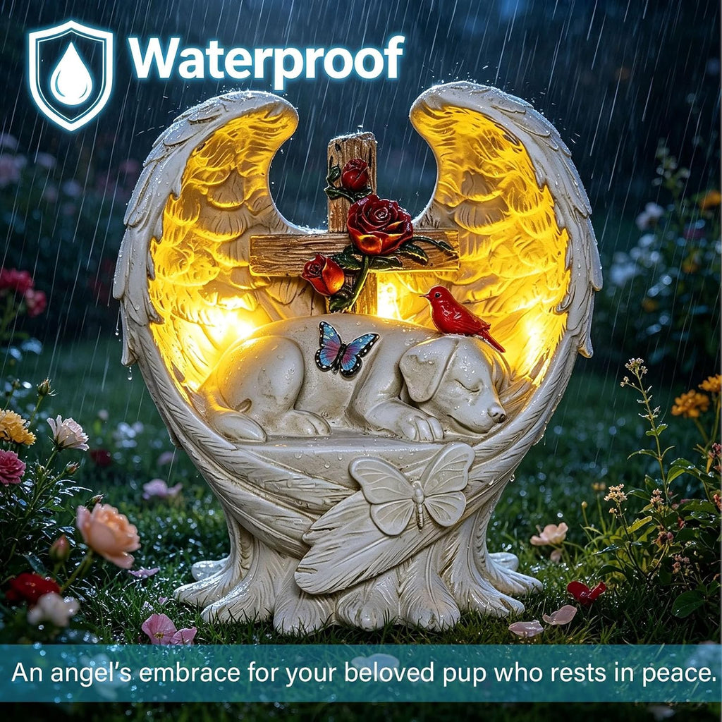 Dog Memorial Stone Solar Angel Wings Garden Statue 10inch