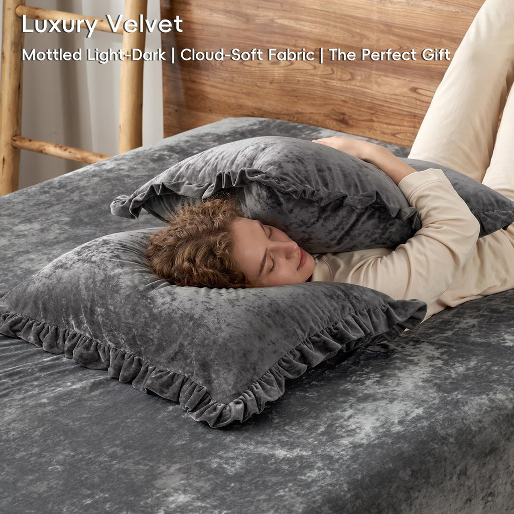 Truly Velvet Ruffle Pillow Shams Standard 20" x 26", Dark Grey