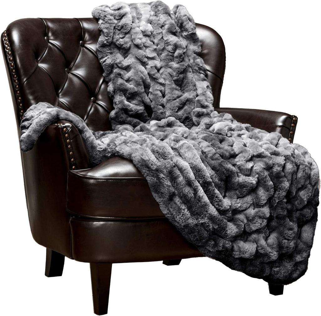 Premium Ruched Faux Fur Throw Blanket - Luxurious, Soft Reversible Mink Blanket - 108" x 86" (King Size) - Dark Gray