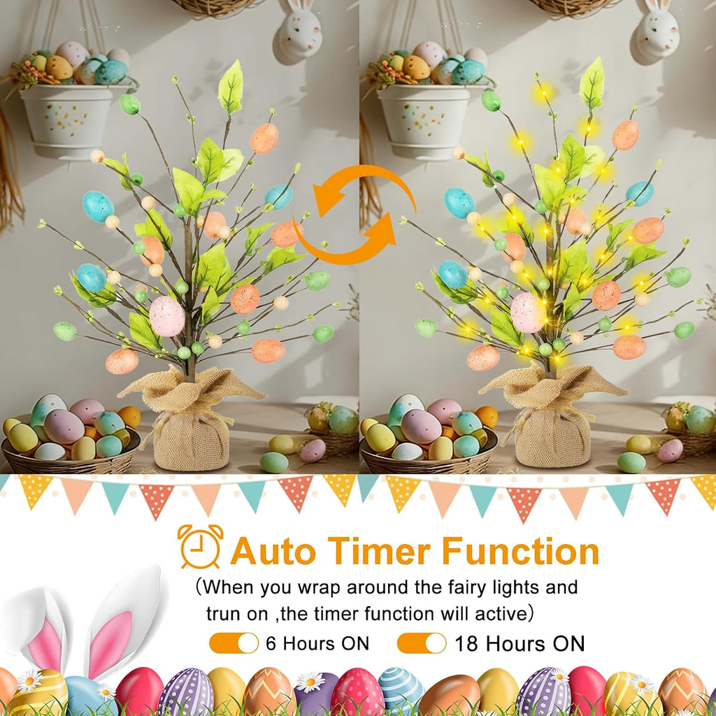 Easter Decorations, 18 Inch Easter Egg Tree with Timer Fairy Lights Colorful Egg Adjustable Branches Mini Tabletop