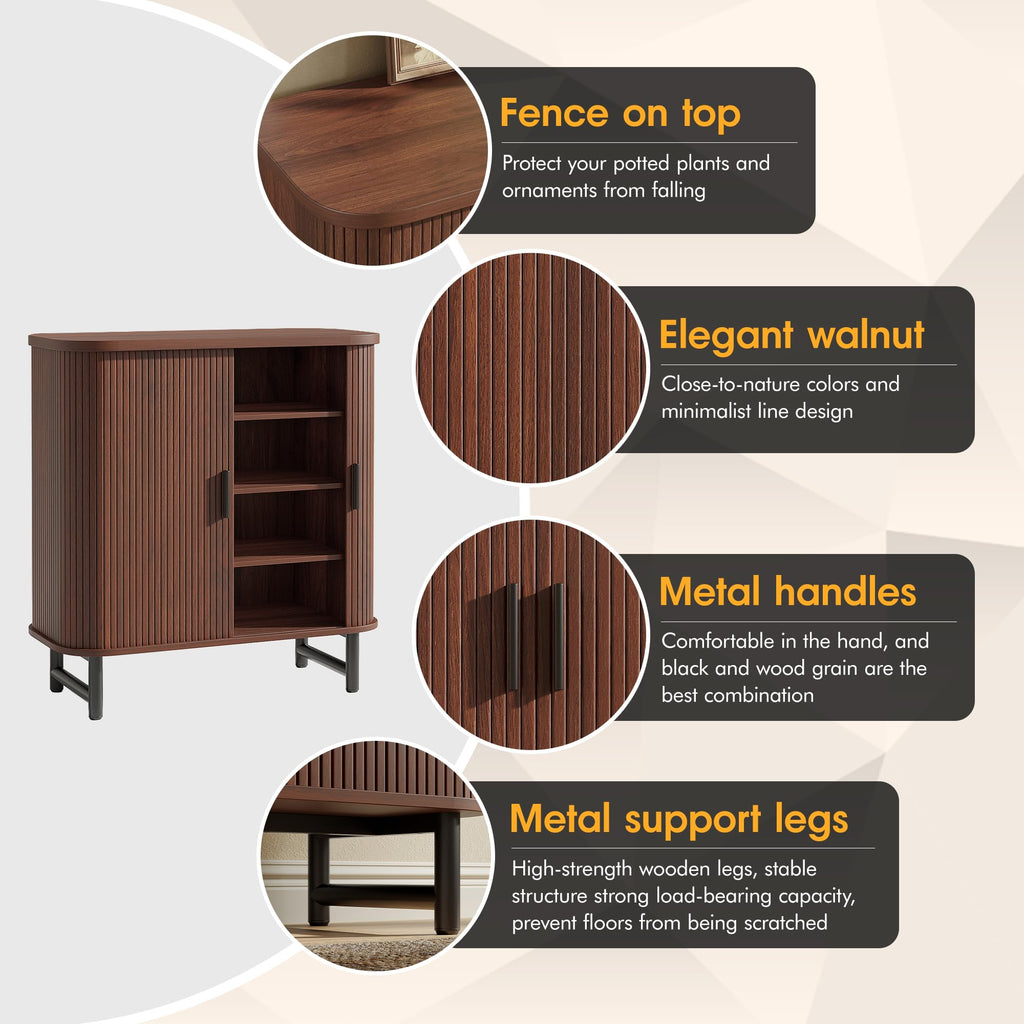 Shoe Storage Cabinet with Smooth Fluted Sliding Doors, 4-Tier Shoe Cabinet Storage, Narrow Hidden Shoe Rack for