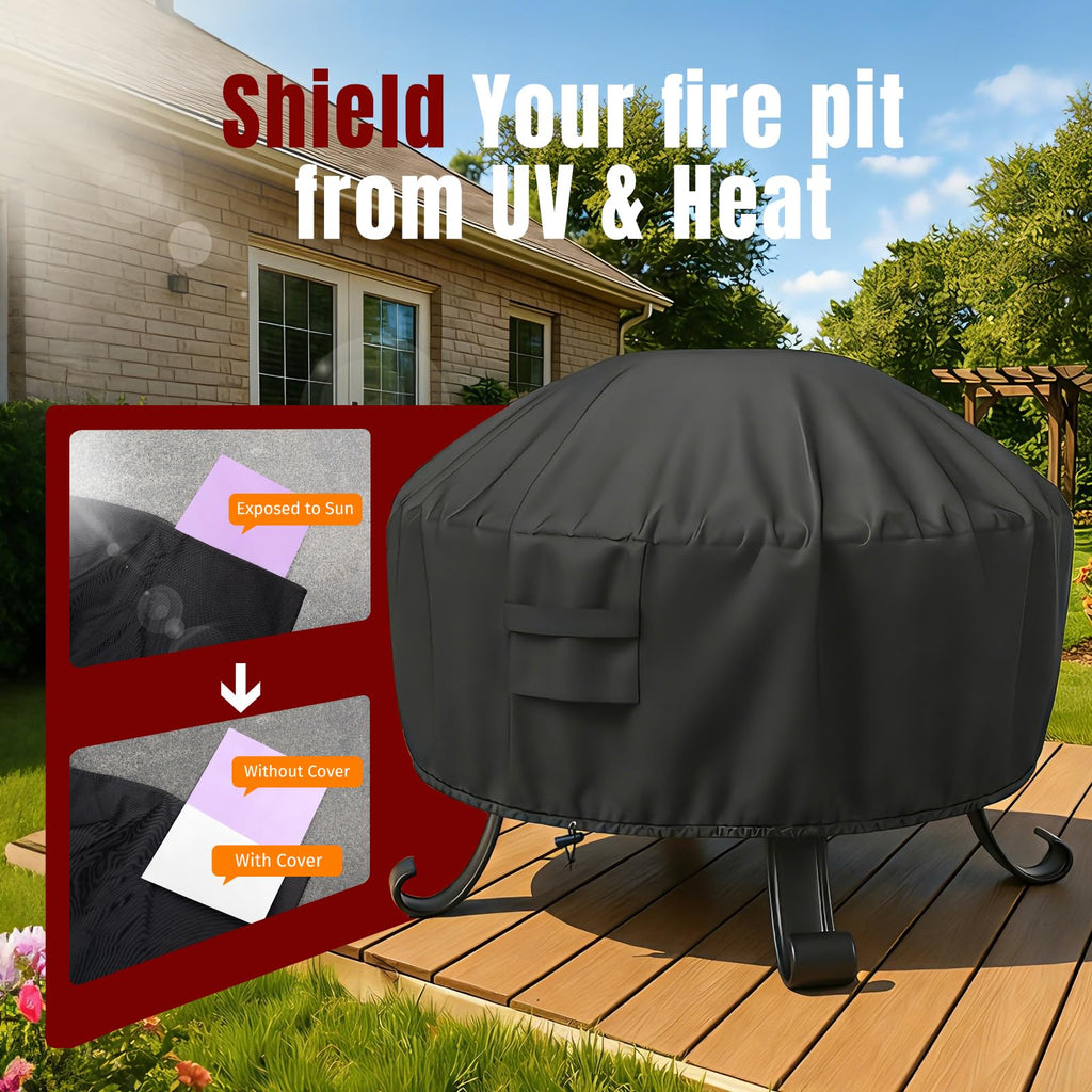 Fire Pit Cover Round, Fits for 32-36 Inch Fire Pit Table, 600D Heavy Duty Fabric, Waterproof and Windproof, 36" D x