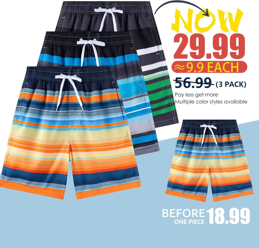 Boys Swim Trunks 3 Pack Quick Dry UPF 50+ Bathing Suit