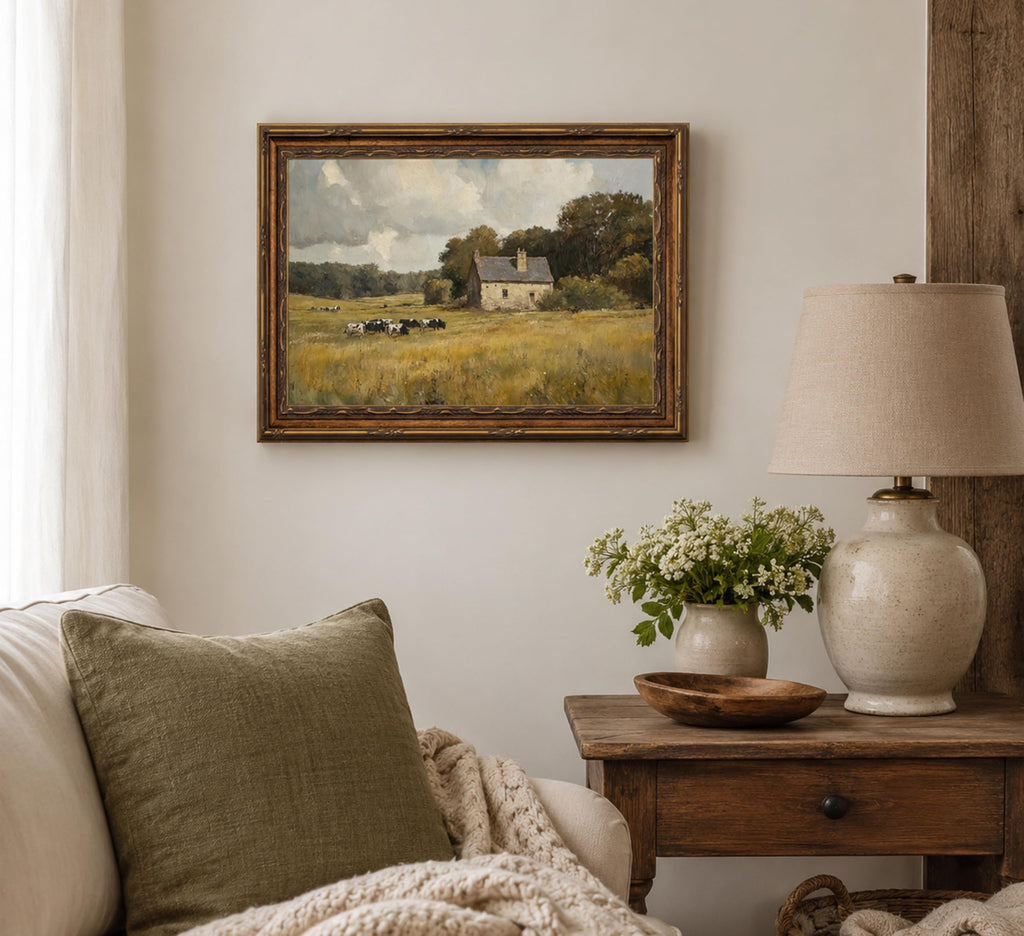 Vintage Cow Farm Landscape Framed Wall Art 12x16 In