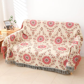 Boho Throw Blanket for Bed - 100% Cotton Ultra Soft Rustic Quilt - Pink Boho Floral Printed Farmhouse Decor Bed
