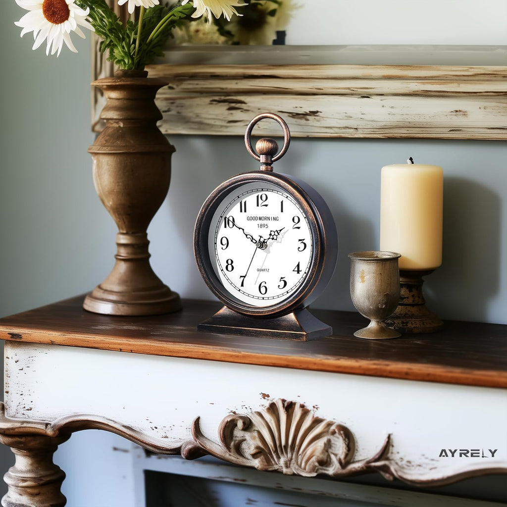 7-Inch Vintage Mantel Clock with Handle,Antique Metal Desk Clocks Battery Operated,Retro Table Clock for