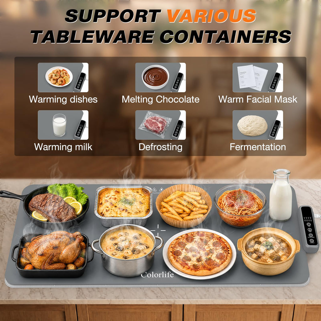 Warming Mat for Food - Electric Warming Tray with Heat-Insulation Pad, 4-Level Temperature Settings & Hours Timer
