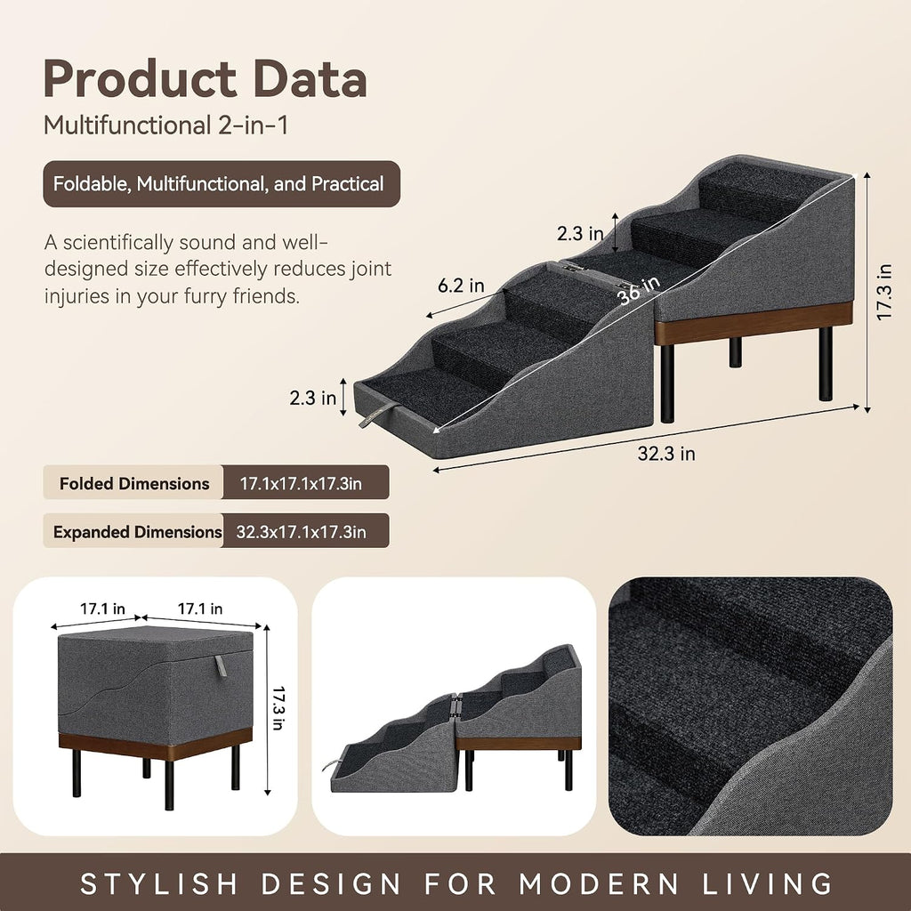 Dog Stairs for Dogs, 2-in-1 Wooden Foldable Ramp & Ottoman for Couch Bed