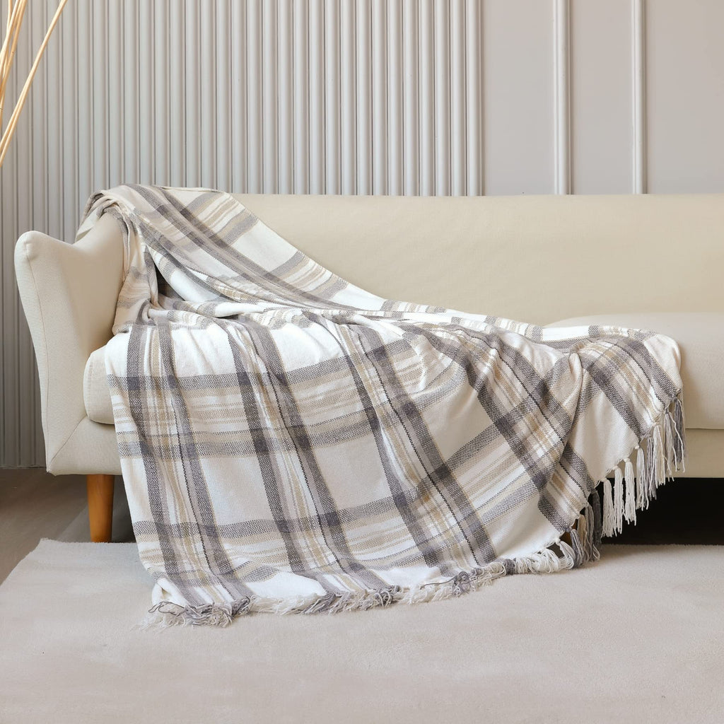 Taupe Grey and White Plaid Decor Tartan Blanket, Lightweight Soft Chenille Striped Knitted Rustic Farmhouse Throw