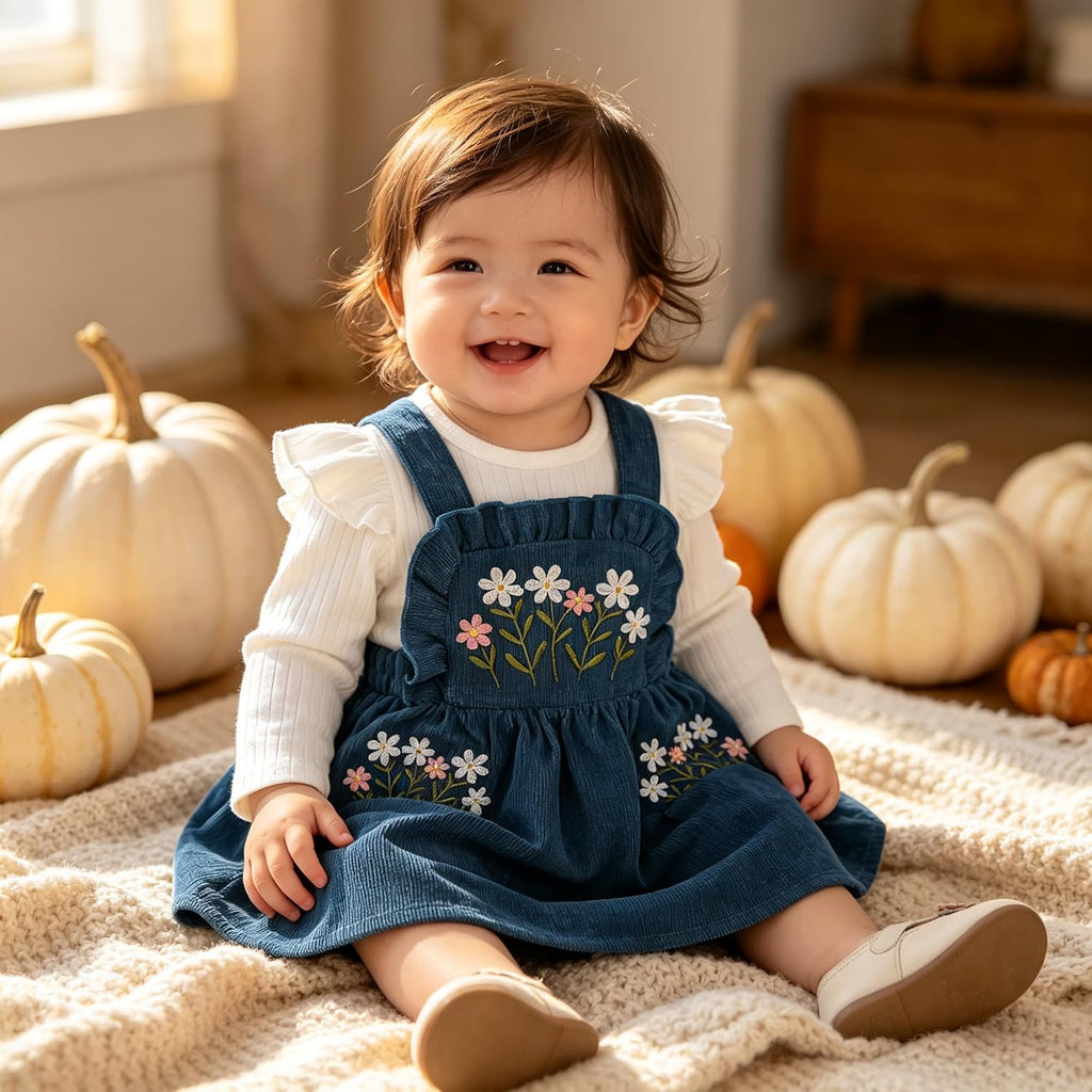 Baby Girl Dress Set Long Sleeve Ribbed Top Embroidered Suspender Dress