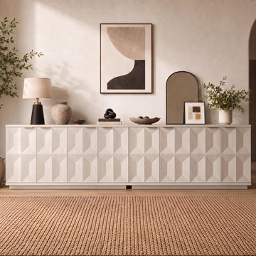 118" Sideboard Buffet Cabinet with 3D Geometric Doors, Long Credenza