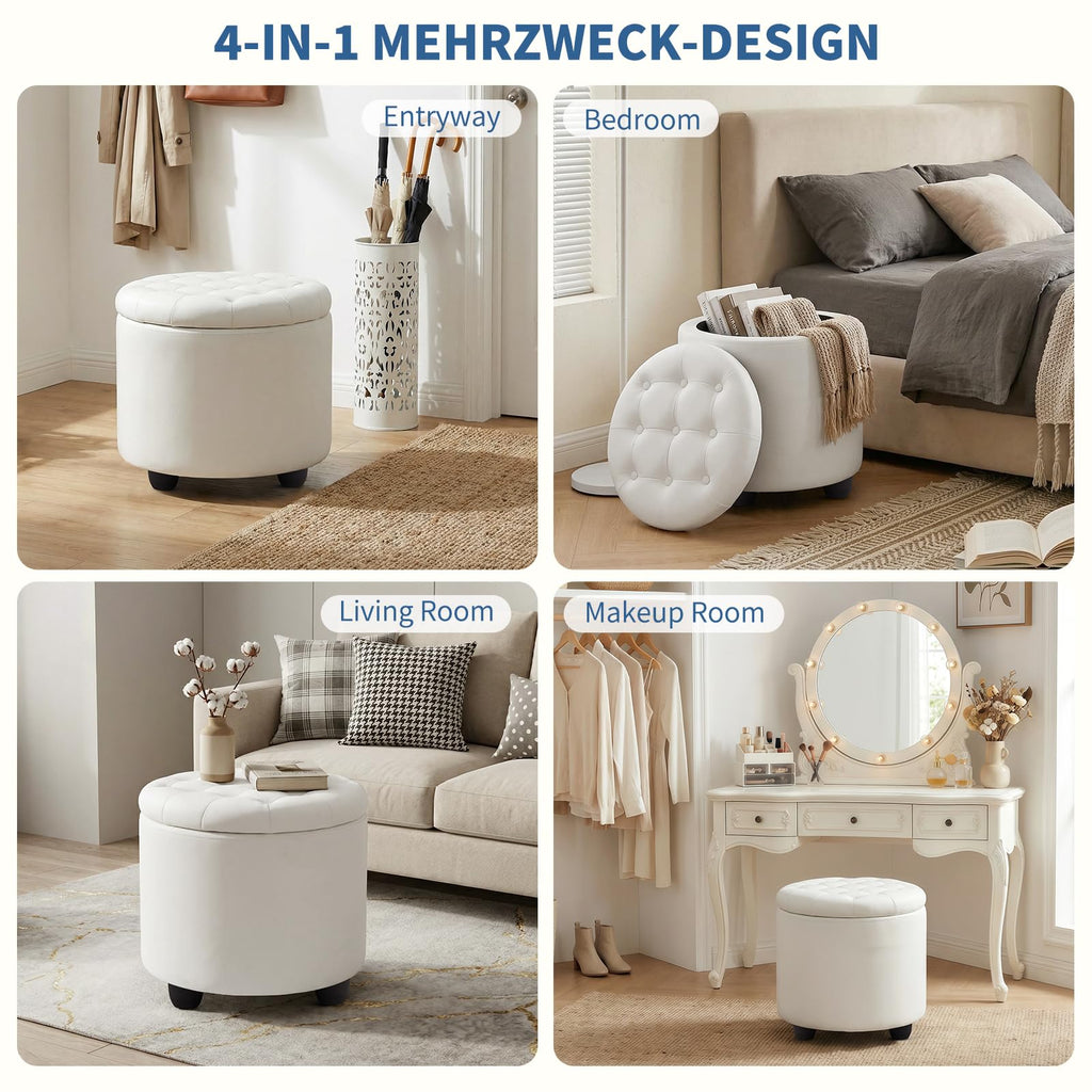 Upholstered Button Tufted Round Ottoman, PU Storage Ottoman Round, Removable Lid Convenient Footstools, Classic
