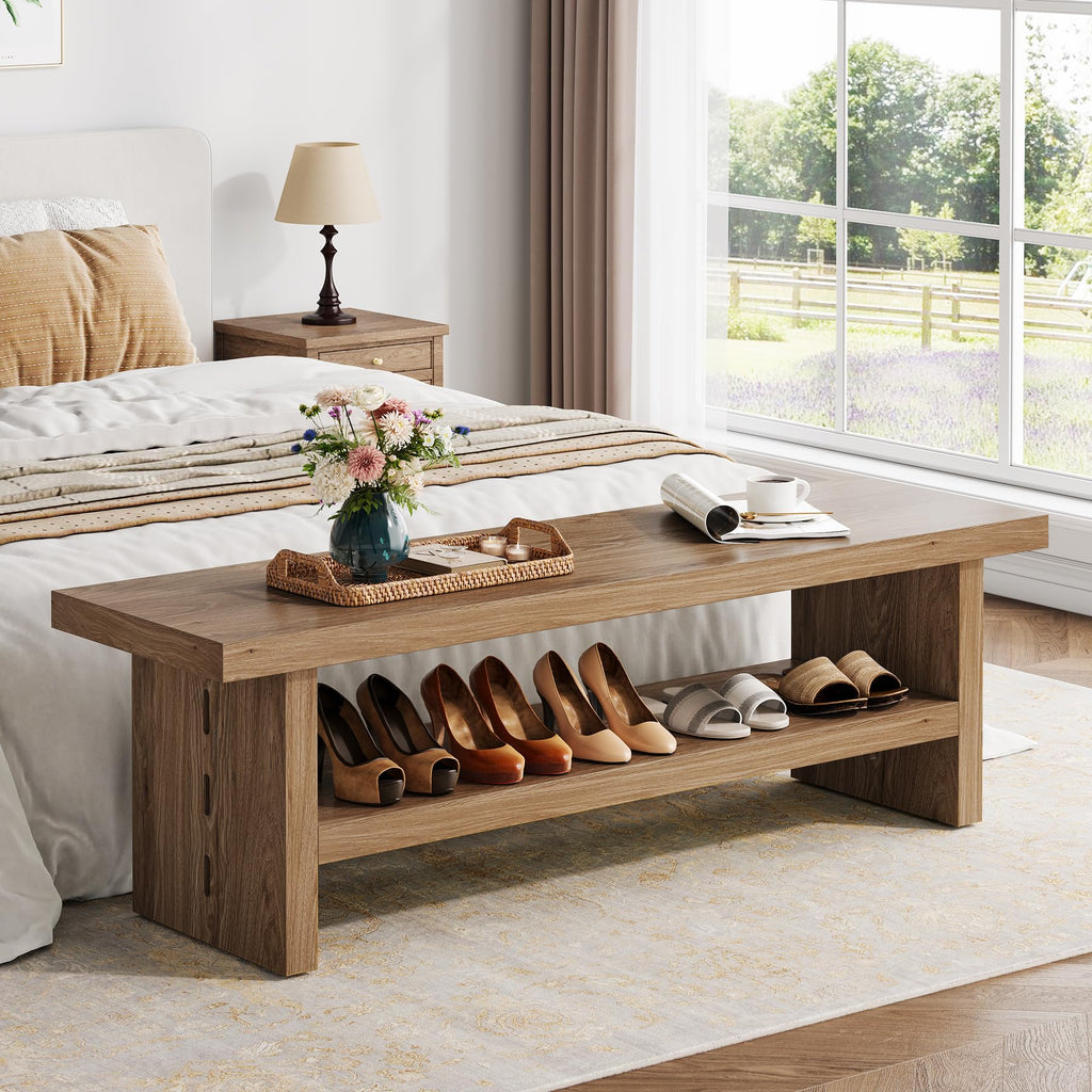 47" 2-Tier Wooden Entryway Bench with Shoe Storage, Oak Color