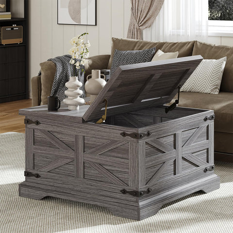 Farmhouse Coffee Table with Storage, Square Center Table, Rustic, Hinged Lift Top Soft Close, Wood