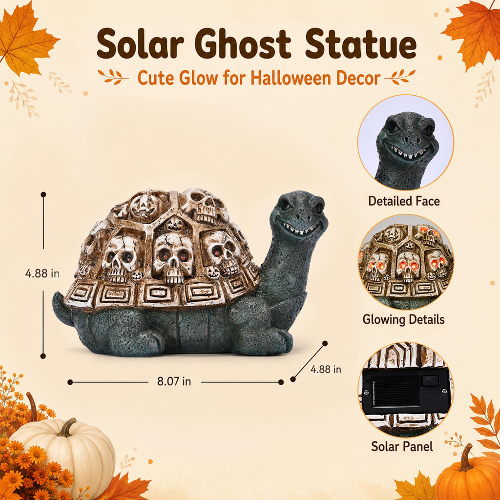 Solar Turtle Garden Statue - Skull Shell & Red Eyes, Halloween Decor