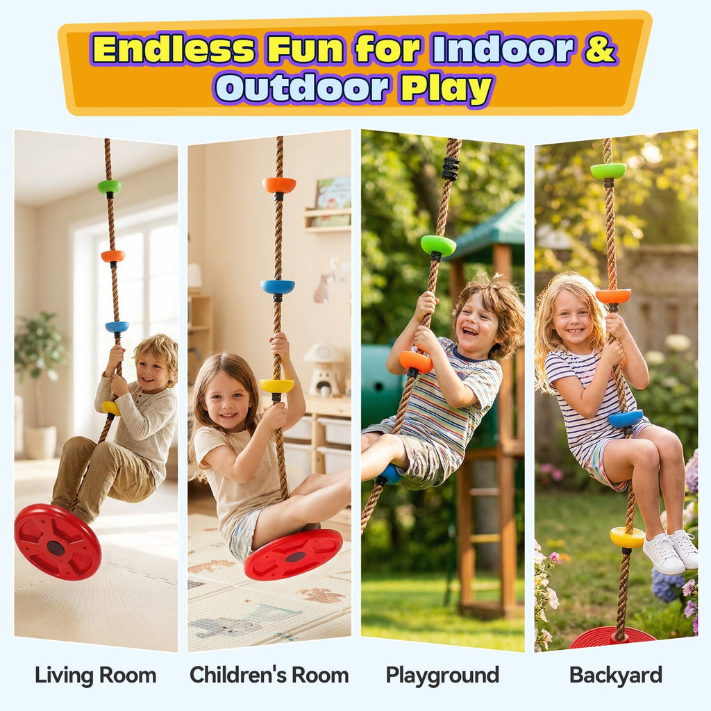 Tree Swing Kids Climbing Rope with Platforms Disc Swing, Red