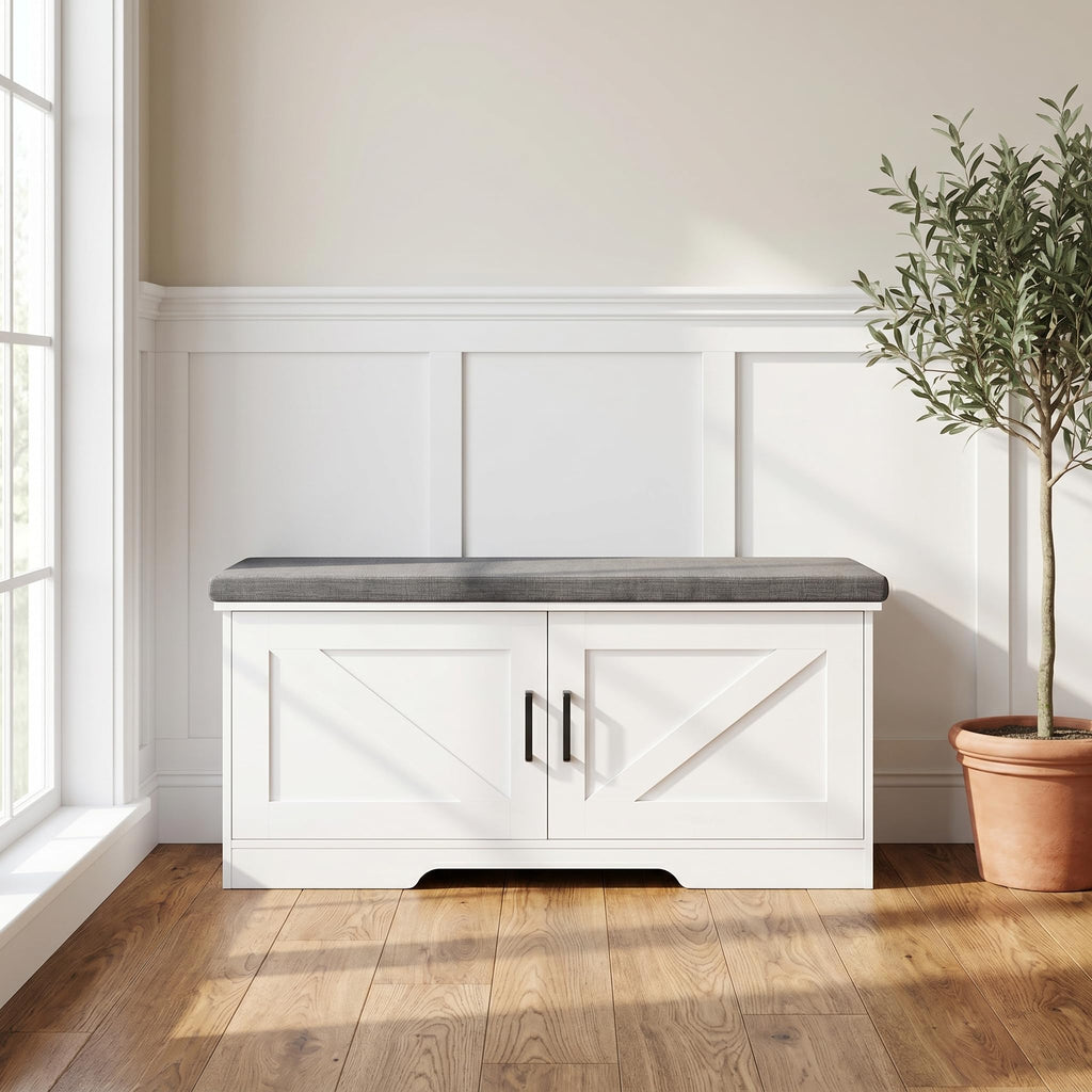 Farmhouse Shoe Storage Bench with 2 Barn Doors & Padded Seat Cushion