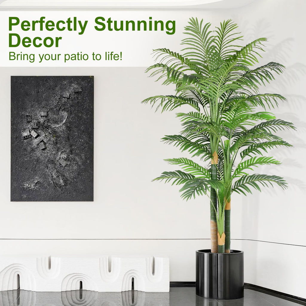 7ft Tall Triple Golden Cane Palm Artificial Tree Large Tropical Palm Tree UV Resistant Fake Plant in Pot for Indoor