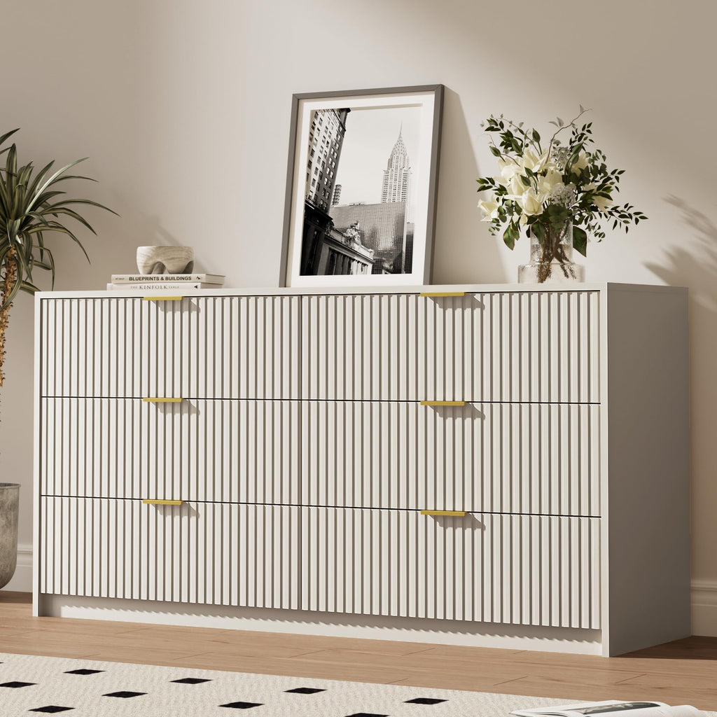 55" Wide Fluted 6-Drawer Double Dresser, Beige