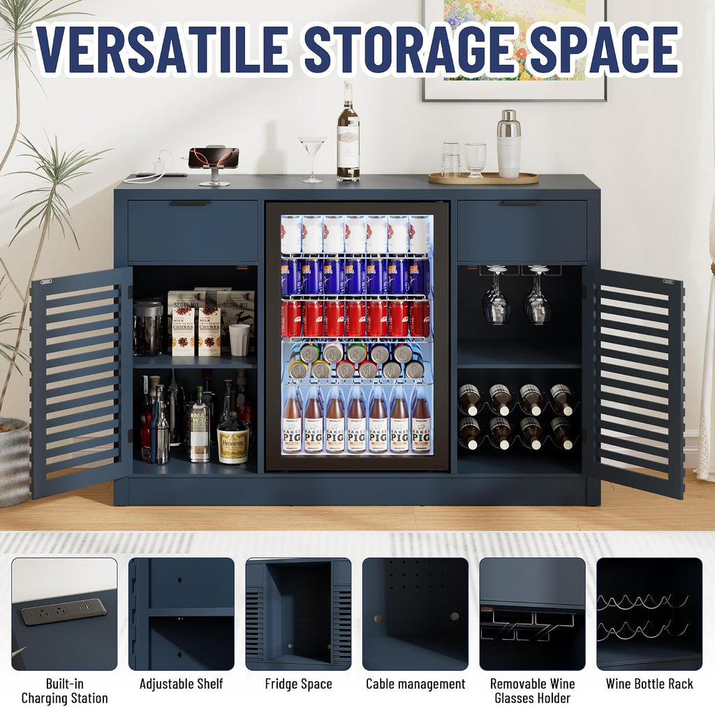53.1" Coffee Bar Cabinet with Fridge Space and Power Outlets (Blue) | Mini Fridge Bar Cabinet, Wine Bar Cabinet with